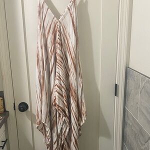 Striped V-Neck Maxi Dress in Cream and Rust with pockets worn once